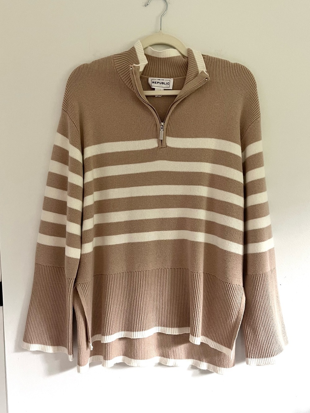 For The Republic Tan White Striped 1/4 Zip Sweater Slouchy Tunic Minimalist Lg